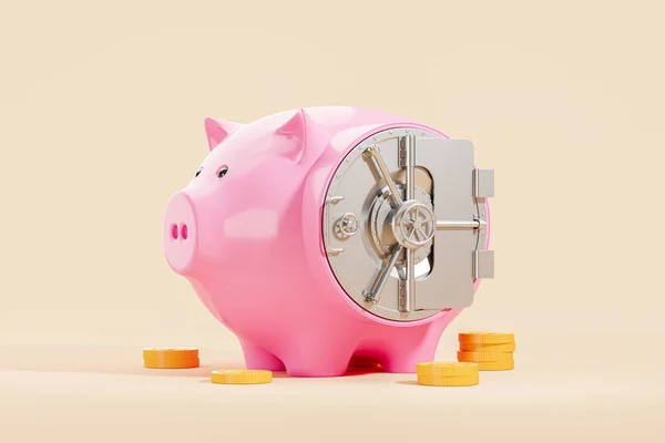 Pink piggy moneybox with metal safe, vault and stack of gold coins, beige background. Concept of savings, safety and money storage. 3D rendering illustration