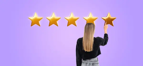 Rear View Woman Finger Touch Click Five Star Rating Purple — Stock Photo, Image