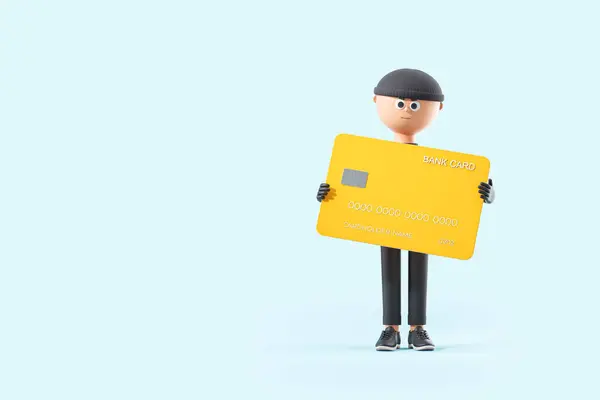 Cartoon thief man holding big credit card standing over blue copy space background. Concept of crime and theft. 3d rendering