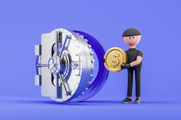 Cartoon man scammer stealing from a bank vault on colored background, gold dollar coin. Concept of theft, fraud and financial security. 3D rendering illustration