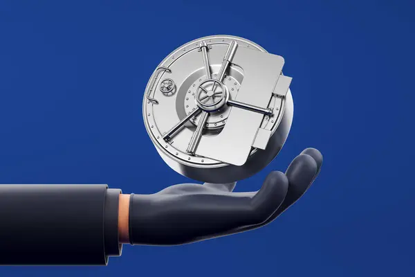 Cartoon hand holding a bank vault on blue background, stealing money. Concept of robbery, fraud, scammer and financial security. 3D rendering illustration