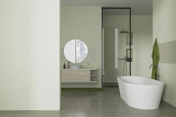 Elegante Cuarto Baño Interior Verde Con Bañera Lavabo Ducha Cristal — Foto de Stock