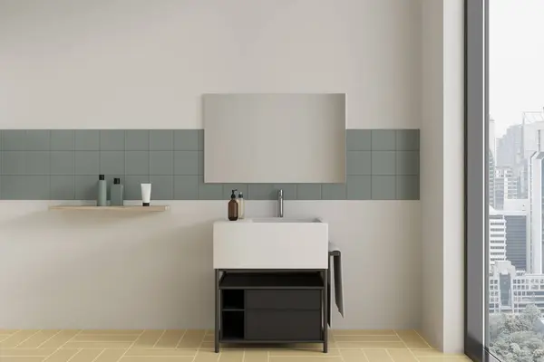 Moderne Hotel Badeværelse Interiør Med Vask Håndklæde Holder Hylde Med - Stock-foto