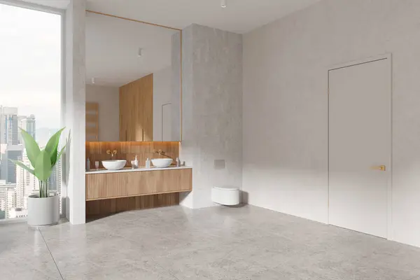 Corner Stylish Bathroom White Walls Tiled Floor Comfortable Double Sink — Stock Photo, Image