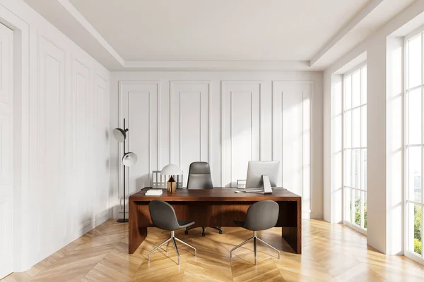 Stilvolles Ceo Interieur Mit Auf Holzschreibtisch Stühlen Auf Hartholzboden Stilvoller — Stockfoto
