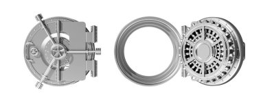 Kapalı ve açık metal banka kasası, izole beyaz arka planda güvenli. Paranın, değerli eşyaların, kayıtların ve belgelerin saklandığı güvenli alan kavramı. 3B resimleme