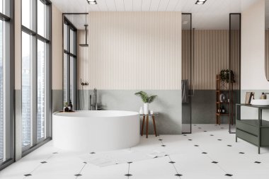 Modern banyo, bej duvarlar, fayanslı döşeme, rahat yuvarlak küvet, rahat lavabo ve duşta yürümek. 3d oluşturma