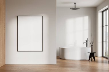 Yuvarlak küvetli, dekorasyonlu, ahşap döşemeli modern otel banyosu. Kırsal kesimde panoramik pencereli şık bir banyo alanı. Bölümdeki tuval posterini taklit et. 3B görüntüleme