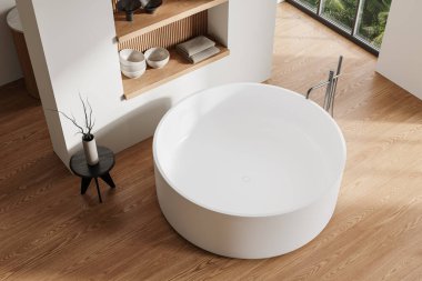 Yuvarlak küvetli, aksesuarlı, ahşap döşemeli otel banyosu manzarası. Lüks bir dairede banyo ya da spa köşesi. Tropik bölgelerde panoramik pencere. 3B görüntüleme