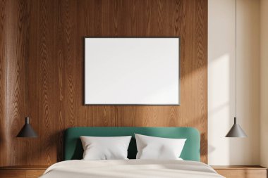 Şık bir otel odası, iç döşek, bej yatak, lambayla komodin. Modern dairede, ahşap duvarda tuval posteri olan bir uyku odası. 3B görüntüleme