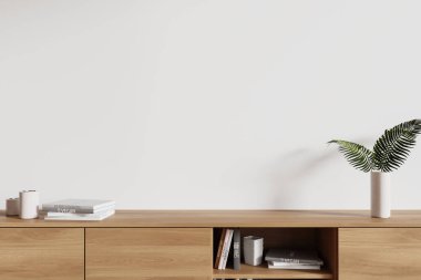 Beyaz ev oturma odasının içi büfe, kitaplar ve şık sanat dekorasyonlarıyla dolu. İskandinav şifonyer ve boş fotokopi duvarı. 3B görüntüleme