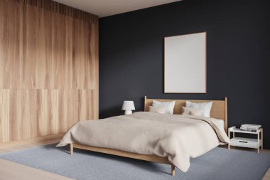 Otelin yatak odası manzarası iç yatak, bej yatak, dekoratif komodin. Karanlık duvarda tuval posteri olan bir uyku alanı. 3B görüntüleme