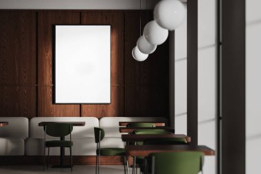 Lokantanın içinde sandalyeler, masa ve beton zemin var. Pencerenin yanındaki duvar kenarındaki kanepe, ahşap duvarda tuval posteri olan şık bir yemek odası. 3B görüntüleme