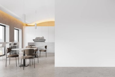 İçi yemek masaları ve sandalyelerle dolu rahat bir bar tezgahı ve beton zeminde taburesi. Kırsal kesimde panoramik pencere. Boşluk bölümünü kopyala. 3B görüntüleme