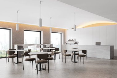 Restoranın iç tarafının köşesinde sıra sıra yemek masaları ve sandalyeler, taş tezgah ve beton zeminde tabure var. Bangkok gökdelenlerinin panoramik penceresi. 3B görüntüleme