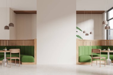 İçi iskemlelerle dolu bej bir restoran bölmeli yeşil kanepe, zemin aydınlık beton. Gökdelenlerde panoramik penceresi olan şık bir kafe. Kopya uzay duvarı. 3B görüntüleme