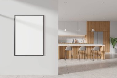 Bar adası ve döşeme taburesi olan modern ev mutfağı. Mutfak gereçleri ve dolaplarla yemek pişirme yeri. Duvar bölmesindeki tuval posterini taklit et. 3B görüntüleme