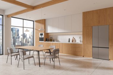 Ev mutfağının iç mekan manzarası yemek masası ve sandalyeler, dolaplı ahşap yemek dolabı ve mutfak gereçleri. New York gökdelenlerinin panoramik penceresi. 3B görüntüleme