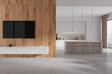 Lüks mutfak, büfe ve televizyon ekranı, bar adası ve dolap tasarımı, Bangkok gökdelenlerinde aşçılık alanı ve panoramik pencere. 3B görüntüleme