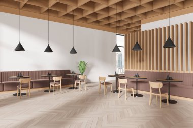 Kafenin içi, ahşap sandalyeler, kahverengi kanepeler ve ahşap zemin üzerinde sıralanmış masalarla dolu. Kuala Lumpur gökdelenlerinde panoramik pencereli kafe yeme alanı. 3B görüntüleme