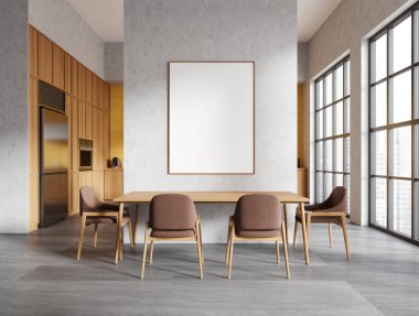 Yemek masası, sandalyeler ve beton zemin olan şık bir ev mutfağı. Modern yemek dolabı ve gökdelenlerin panoramik penceresi. Bölümdeki tuval posterini taklit et. 3B görüntüleme