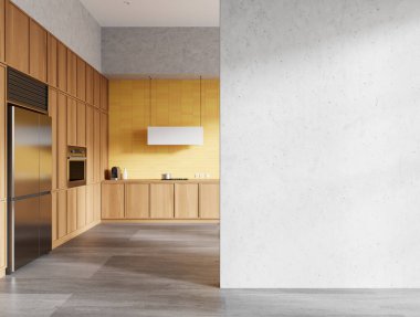 Modern sarı mutfak iç mimarisi mutfak dolabı, mutfak gereçleri, beton zeminde buzdolabı. Beton duvar bölümünü kopyala. 3B görüntüleme