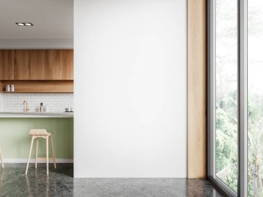 Yeşil ve ahşap mutfak iç mimarisi bar adası ve taburesi, mutfak gereçleriyle dolu dolap. Pencereli yemek ve pişirme alanı. Boşluk duvarını kopyala. 3B görüntüleme