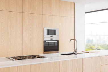 Ahşap mutfak manzarası, bar adası, raflı yemek dolabı, lavabo ve fırın. Bangkok gökdelenlerinde panoramik pencereli şık yemek alanları. 3B görüntüleme