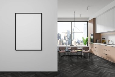 Lüks mutfak, yemek masası, sandalyeler, siyah ahşap döşeme. New York gökdelenlerinde panoramik pencereli yemek dolabı. Bölümdeki tuval posterini taklit et. 3B görüntüleme