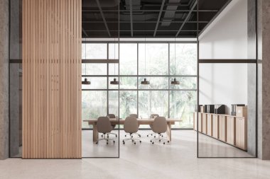 Konferans masası ve koltukları olan şık bir iç mekan, açık beton zeminde dokümanları olan büfe. Tropik manzarada panoramik pencere. 3B görüntüleme