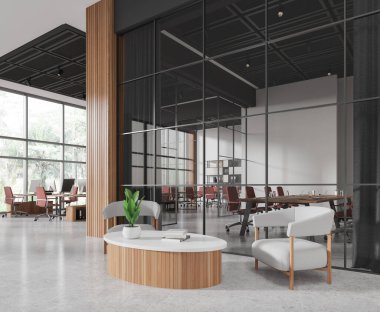 Modern ofis manzarası rahat bir yer, koltuklar, masaüstü bilgisayar, cam konferans odası. Tropik bölgelerde panoramik pencere. 3B görüntüleme
