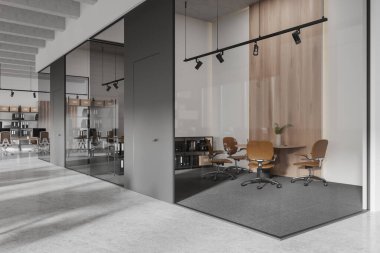 Ofis içi iç mekan, ortak çalışma köşesi, masa başında bilgisayar ve sıra sıra sandalyeler. Masası ve sandalyeleri olan cam minimalist toplantı odası. 3B görüntüleme