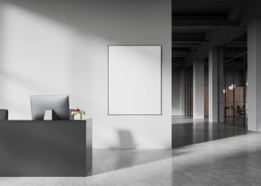 Beyaz duvarları, beton zemini ve iki bilgisayarı olan rahat gri resepsiyonlu modern ofis binası. Dikey model poster çerçevesi. 3d oluşturma
