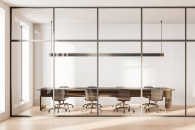 Şık bir bej konferans. Sandalye ve pano, cam bölme ve ahşap döşeme. Minimalist konferans odası ve panoramik pencere. 3B görüntüleme