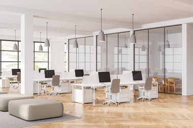Beyaz ve ahşap ofis iç görünümü, bilgisayar masaüstü, yan görünüm. Camdan toplantı odası ve tropik bölgelerde panoramik penceresi olan rahat bir iş yeri. 3B görüntüleme