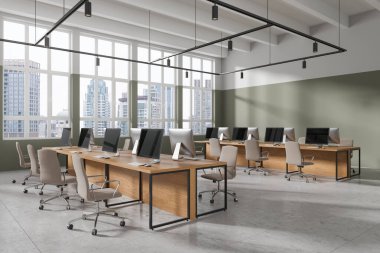 Ofis içi görünümü, bilgisayar masaüstü, ortak masa, kiremit beton zemin. Bangkok gökdelenlerinde panoramik pencereli şık bir çalışma alanı. 3B görüntüleme