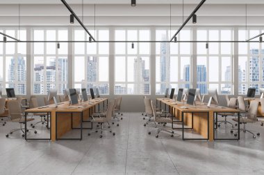 Sanayi ofisi içi bilgisayarlarla dolu sıra sıra dizilmiş, beton zemin. Bangkok gökdelenlerinde panoramik pencereli şık bir çalışma alanı. 3B görüntüleme