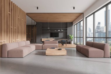 Modern ofis bekleme odasının içinde ahşap duvarlar, beton zemin ve sehpanın yanında duran rahat bej koltuklar. 3d oluşturma