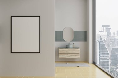 Modern otel banyosu lavabo ve aynalı, aksesuarlı şifonyer ve Bangkok gökdelenlerinde panoramik pencere. Bölüme uzay tuval posterini kopyala. 3B görüntüleme