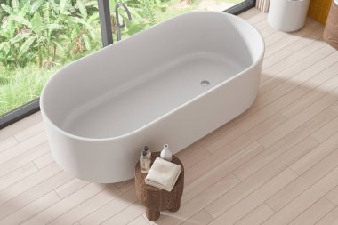 Otel banyosunun en güzel manzarası küvet, aksesuarlar, ahşap döşeme. Modern dairede banyo köşesi. Tropik bölgelerde panoramik pencere. 3B görüntüleme