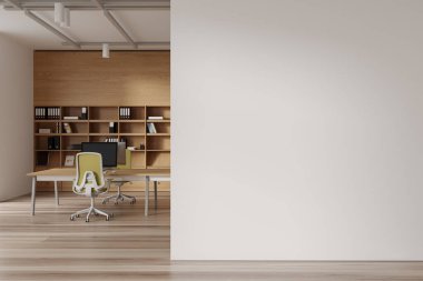 Ofisin iç mekânını bilgisayarlarla ortak masa ve ahşap döşeme ile birlikte işlemek. Fotokopi alanı boş bölümle modern iş alanı. 3B görüntüleme