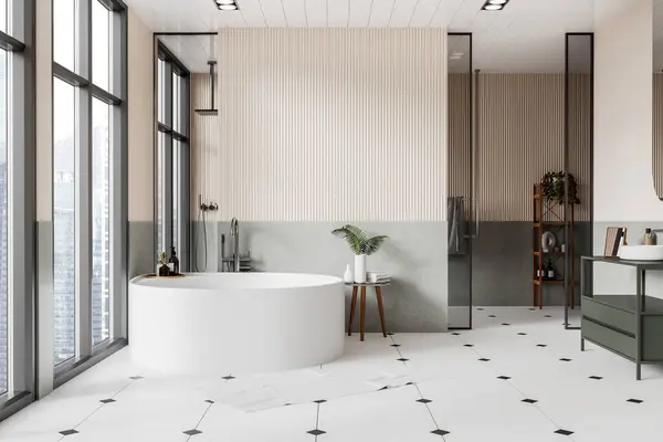베이지색 아늑한 편안한 싱크대와 샤워에서 도보로 현대적인 욕실의 인테리어 렌더링 — 스톡 사진