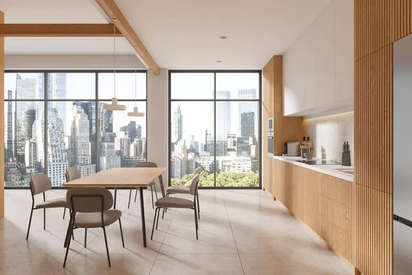 Yemek Masası Sandalyeler New York Gökdelenlerinin Panoramik Penceresi Olan Şık — Stok fotoğraf