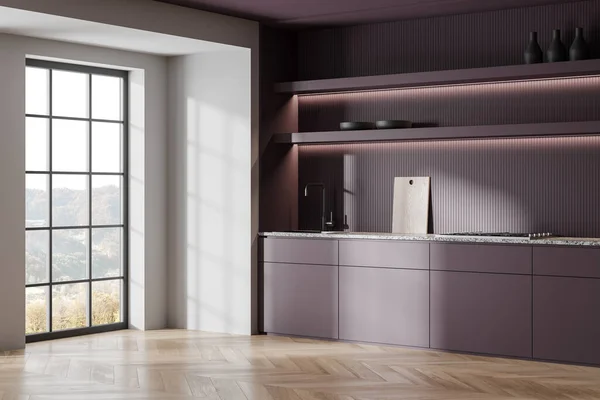 Corner Stylish Kitchen Purple Walls Wooden Floor Comfortable Purple Cabinets — Stock Photo, Image