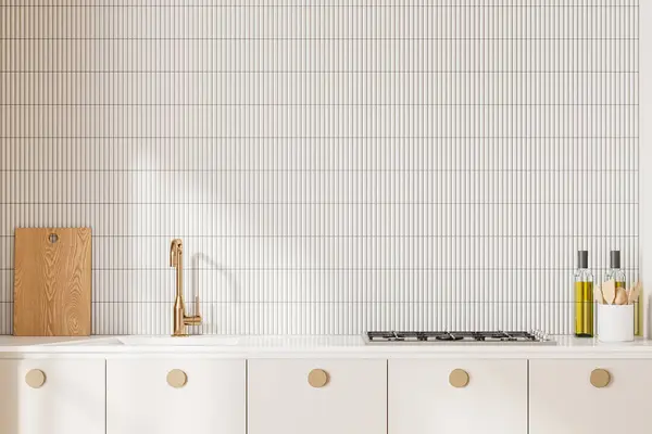 豪华的白色家庭厨房内部与水池和炉灶 厨房用具在石英台面 现代公寓中简约烹饪区的封闭 3D渲染 — 图库照片
