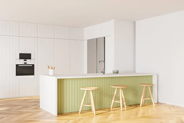 Corner view of home kitchen interior with green bar island, wooden stool in row on hardwood floor. Cabinet with fridge and kitchenware, cooking space in modern apartment. 3D rendering