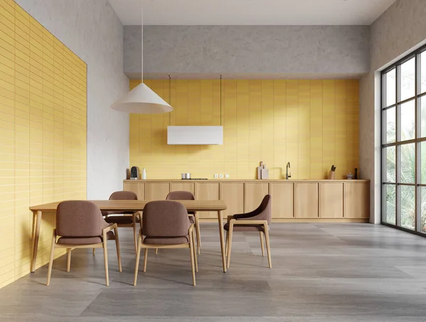 Interior Cozinha Casa Colorido Com Mesa Jantar Cadeiras Piso Concreto — Fotografia de Stock