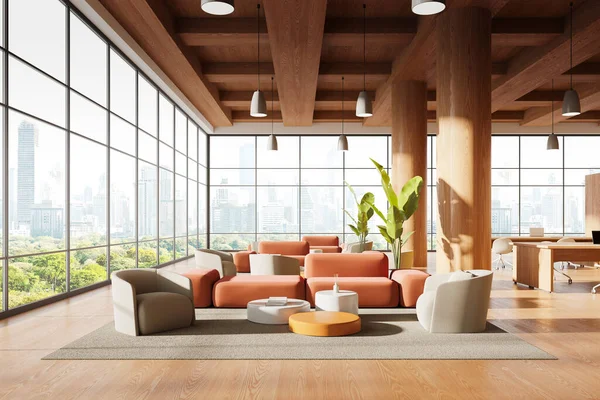 Cozy wooden library interior with lounge zone, coworking space with table and chairs in row on hardwood floor. Panoramic window on Bangkok skyscrapers. 3D rendering