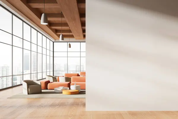 写字楼内饰柔软 沙发和扶手椅配有咖啡桌 在有全景窗户的现代大堂里等待或放松空间 模拟复制空间墙壁分区 3D渲染 — 图库照片