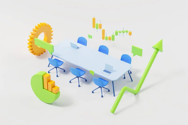 Ceo board top view, growing arrow and graph chart, gears and candlesticks. Concept of teamwork, analysis, business meeting and financial conference. 3D rendering illustration